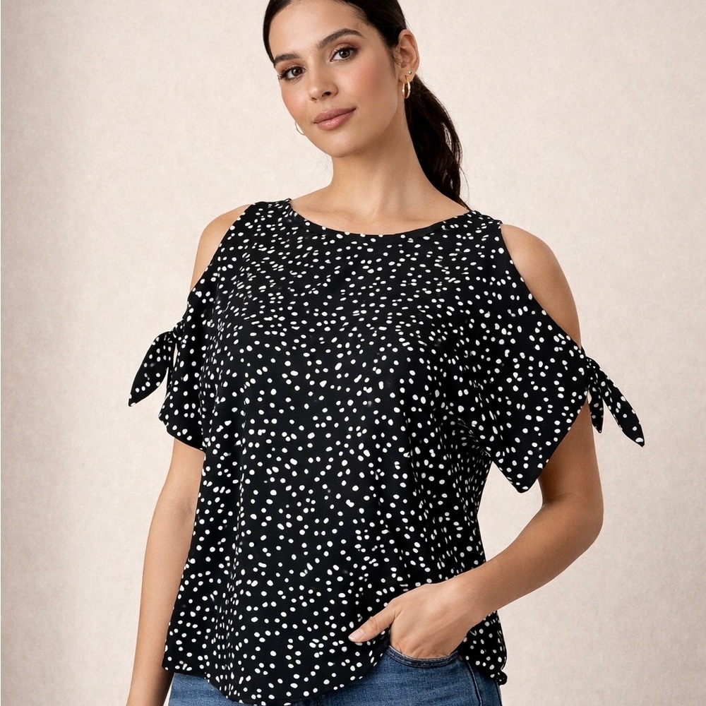 Suzy Shier Polka Dot Cold Shoulder Blouse